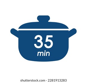 35 min cooking time blue label, cooking pot symbol with thirty five minute mark, boiling time vector illustration