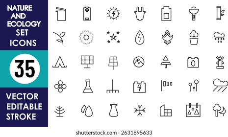 35 minimalist vector icons in editable stroke style, themed around nature and ecology, featuring plants, solar panels, energy symbols, trees, water, and lab equipment