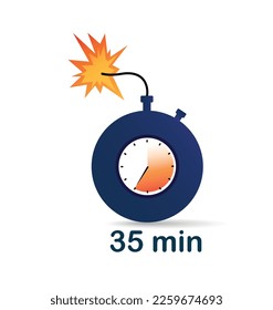 35 minute clock bomb. Graphic element for website. Advertising and marketing. Special and limited offer for permanent clients. Deadline and planning. Cartoon flat vector illustration