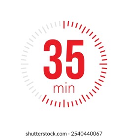 35 minute Timer, clock, stopwatch isolated icons. Countdown timer symbol. Label cooking time. Minute timer, Time measure, Chronometer, Alarm, Kitchen timer, label, sticker, stamp. Vector illustration