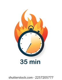 35 minutos de reloj en el icono de fuego. Oferta especial y limitada. Viernes Negro, métodos modernos de marketing y promoción de productos en Internet. Dibujo vectorial plano de dibujos animados