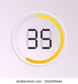 The 35 minutes, stopwatch vector icon, digital timer. Vector digital count down circle board with circle time pie diagram. Watch outline style design, designed for web and app.