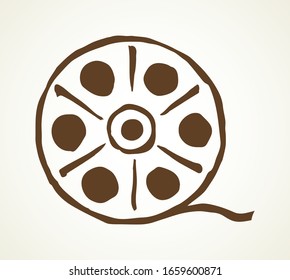 35 mm aged ui bw artwork on white backdrop. Freehand linear black ink hand drawn creative object logo pictogram emblem design in antique artist doodle print style pen on paper text space. Closeup view