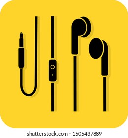 3.5 mm earphones with mic illustration. Headset. Headphones. Hands free. Earbuds. Wireless. Wired. Flat 3D shadow design. black vector. product brand service label banner board display. App icon.