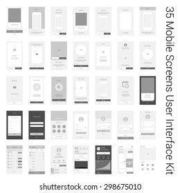 35 Mobile Screens User Interface Kit. Modern user interface UX, UI screen template for mobile smart phone or responsive web site. Welcome, onboarding, login, sign-up and home page layout.