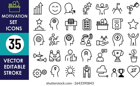 35 motivation-themed vector icons in editable stroke style, featuring trophies, targets, medals, books, stars, brains, people celebrating, gears, graphs, and lightbulbs