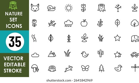 35 nature icons including animals, trees, leaves, flowers, sun, rain, clouds, stars, mountains, mushrooms, water, and plants. Minimalist, editable vector strokes.