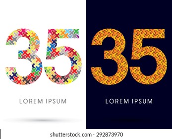 35 Number, Font, designed using Jigsaw puzzle pattern, graphic vector.