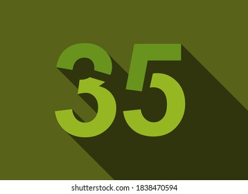 35 Number with long shadow, green colors cutting style. For logo, brand label, design elements, corporate identity, application & more. Vector editable illustration.
