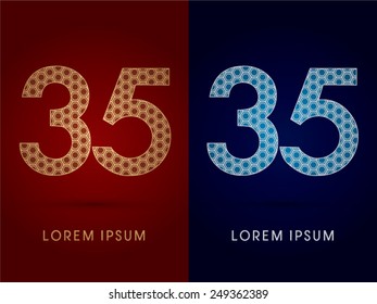 35 ,Number ,Luxury font,designed using gold and silver geometric on dark red and dark blue background,concept shape from screws,hexagon, honeycomb,jewelry,gems, logo, symbol icon,graphic,vector.