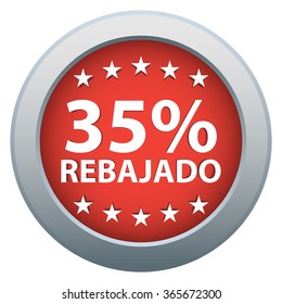 35% Off badge, sticker, button. Spanish language. Red color. Isolated. Vector illustration.