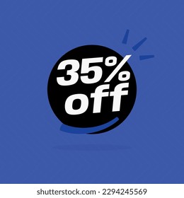35% off. Black banner with special sale thirty-five percent off black speech bubble and blue background.