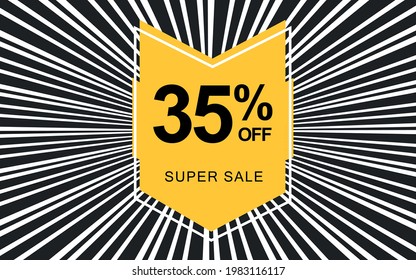 35% de descuento. Banner negro con 35% de descuento en un globo amarillo para mega ofertas.