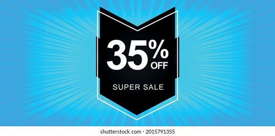 35% off. A blue banner with a thirty-five percent discount on a black balloon for mega offers.