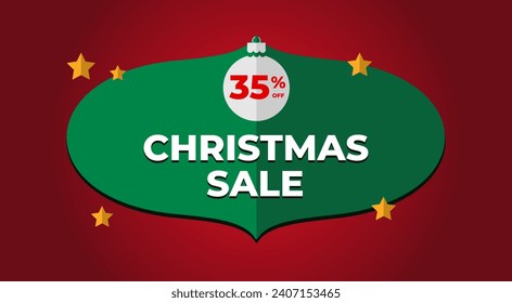 35% off Christmas sale banner. Festive decoration on red background with stars and christmas ball. Holiday sign banner. Vector Illustration.