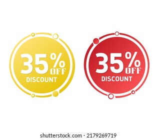 35% de descuento, colección de iconos de etiqueta de descuento circular. Conjunto de etiquetas de venta rojas y amarillas. ilustración vectorial