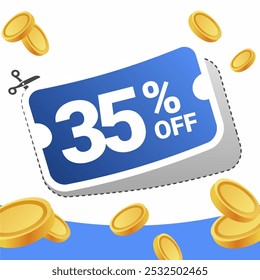 35% off coupon with a bold blue design, surrounded by floating gold coins on a white and blue background.