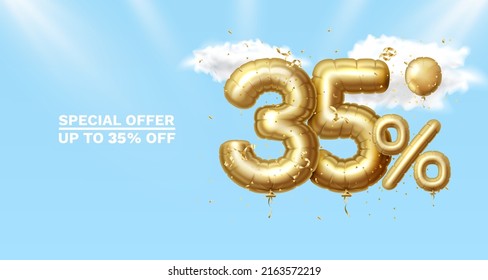 35 Off. Discount creative composition. 3d Golden sale symbol with decorative objects, golden confetti. Sale banner and poster. Vector illustration.