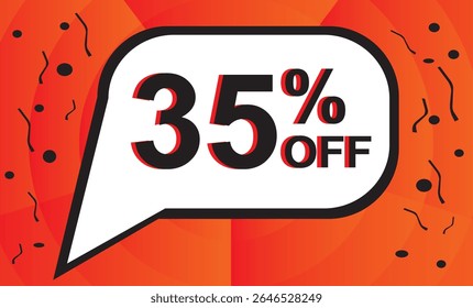 35% de desconto. Desconto no seu preço. Número preto com contorno laranja dentro de um balão branco e fundo laranja composto de elementos gráficos pretos.eps