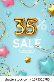 35 off discount promotion sale made of realistic 3d gold balloons with stars, sepantine and tinsel. Number in the form of golden balloons.  Vector illustration