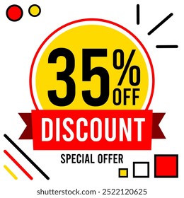 35% off discount 35 % off special offer thirty five percent off discount 35%off Promotions with black and white numbers, yellow ball, circle and red, black and yellow designs.eps