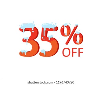35% off. A discount of thirty five percent. Numbers  in the snow. Winter sale, Christmas sale, holiday sale. Flat vector illustration