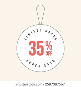 35% OFF flat design of label. Super Sale thirty five percent off. Sticker illustration limited offer. Vector illustration.