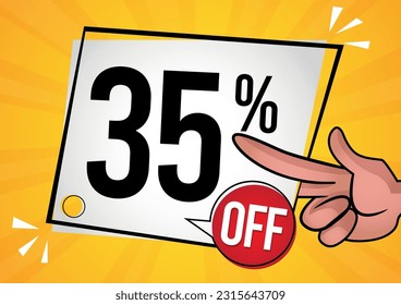 35% off -hand holding white tag with Thirty-five percent off. Vector illustration for sales with special offers for retail. Colors: black, red, yelow and Orange