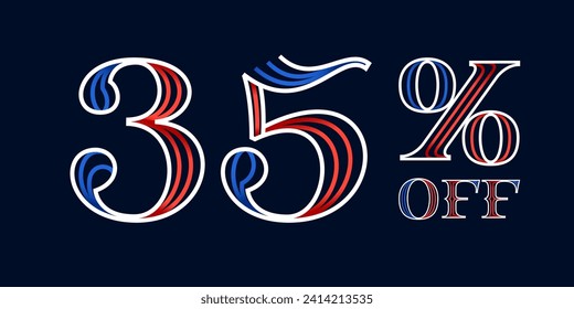 35% OFF lettering made of blue and red lines. Serif sport style font. Patriotic lettering for Super Sale. Special offer template for US history event, team uniform discount, VIP coupon, motor store.