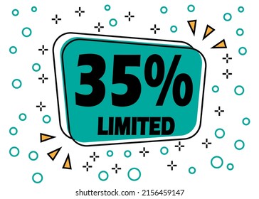 35% off, limited offer. Bubble banner for price reduction on products and stores.