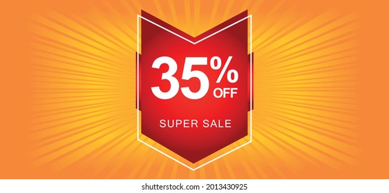 35% off. Orange banner with thirty-five percent discount on a red balloon for mega offers.