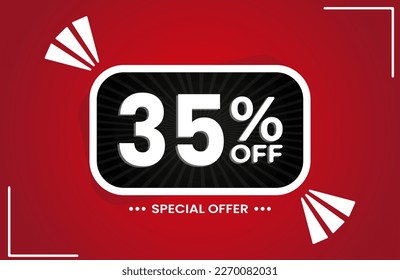 35% off. Red banner with 35 percent discount on a black balloon for mega big sales. 35% sale