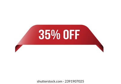 35% off red ribbon label banner. Open available now sign or 35% off tag.
