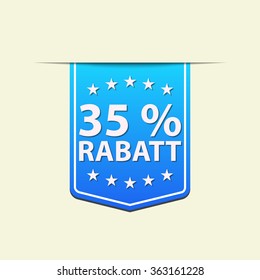 35% Off ribbon label. Blue color. German text. Vector illustration. Translation : (title) % Off