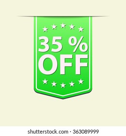 35% Off ribbon label. Green colort. Vector illustration.
