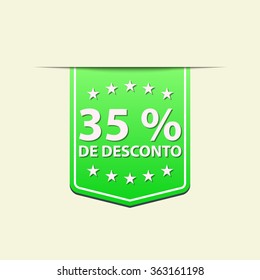 35% Off ribbon label. Green color. Portuguese text. Vector illustration. Translation : (title) % Off