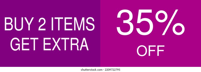 35% off sale gift. Promotion poster, label, flyer, sticker with white font and purple background. Vector illustration. Buy 2 items  get extra.
