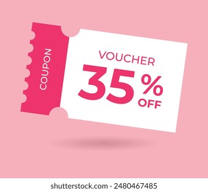 35% off Sale Voucher Coupon. Thirty five percent promotion illustration. Tag label, sale banner with discount coupon. Pink Vector gift voucher.