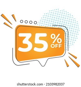 35% off special offer. Banner with thirty five percent discount on a orange square balloon.