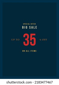 Hasta un 35% de descuento oferta especial gran venta ilustración de arte vectorial con color amarillo naranja y rojo con fuente fantástica y fondo azul marino