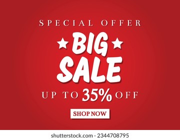 35 % Rabatt. Sonderangebot Großverkaufsbanner, bis zu 35 % Rabatt jetzt. Big-Sale-Banner für soziale Medien einzeln auf rotem Farbverlauf-Hintergrund
