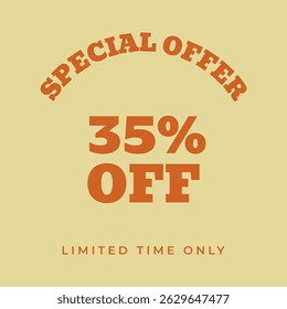 35% OFF. Special offer thirty five percent, limited time only. Retro 80s 90s style. Vintage vector illustration.