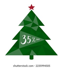 35% OFF. Thirty five percent discount. Trend triangle 3D Green Christmas Tree. Handwritten calligraphic Numbers. For Christmas, New Year, winter SALE banner, web, flyer, label, print, poster, card.