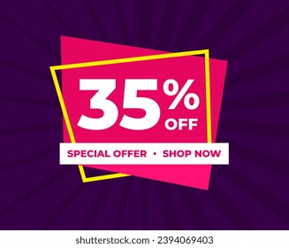 35% off, thirty five percent, special offer, shop now. Background Label. Purple and pink. Discount special offer. Banner with offer emblem. Modern concept design. Vector illustration.