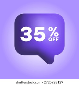 35% de descuento. Treinta y cinco por ciento de descuento en forma de Anuncio 3D. Oferta especial de la burbuja del discurso. Ilustración para promoción de marketing. Ilustración vectorial 3d.