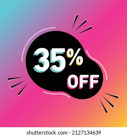 35 % Rabatt auf Vektorgrafik. 35 % Verkaufsförderung. Rundform. Weiß, schwarz, blau, gelb und rosa.Farbige Schatten. Farbverlauf-Hintergrund.