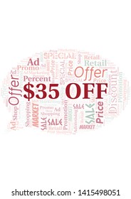 $35 Off word cloud. Wordcloud made with text only.