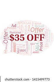 $35 Off word cloud. Wordcloud made with text only.