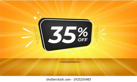 35% off. Yellow banner with thirty-five percent discount on a black balloon for mega big sales.