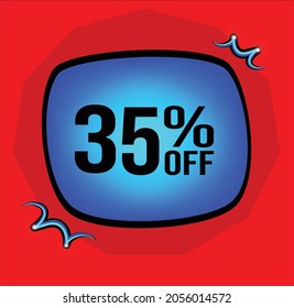 35%, 35 percent, blue retangle, Red background, number thirty- five.